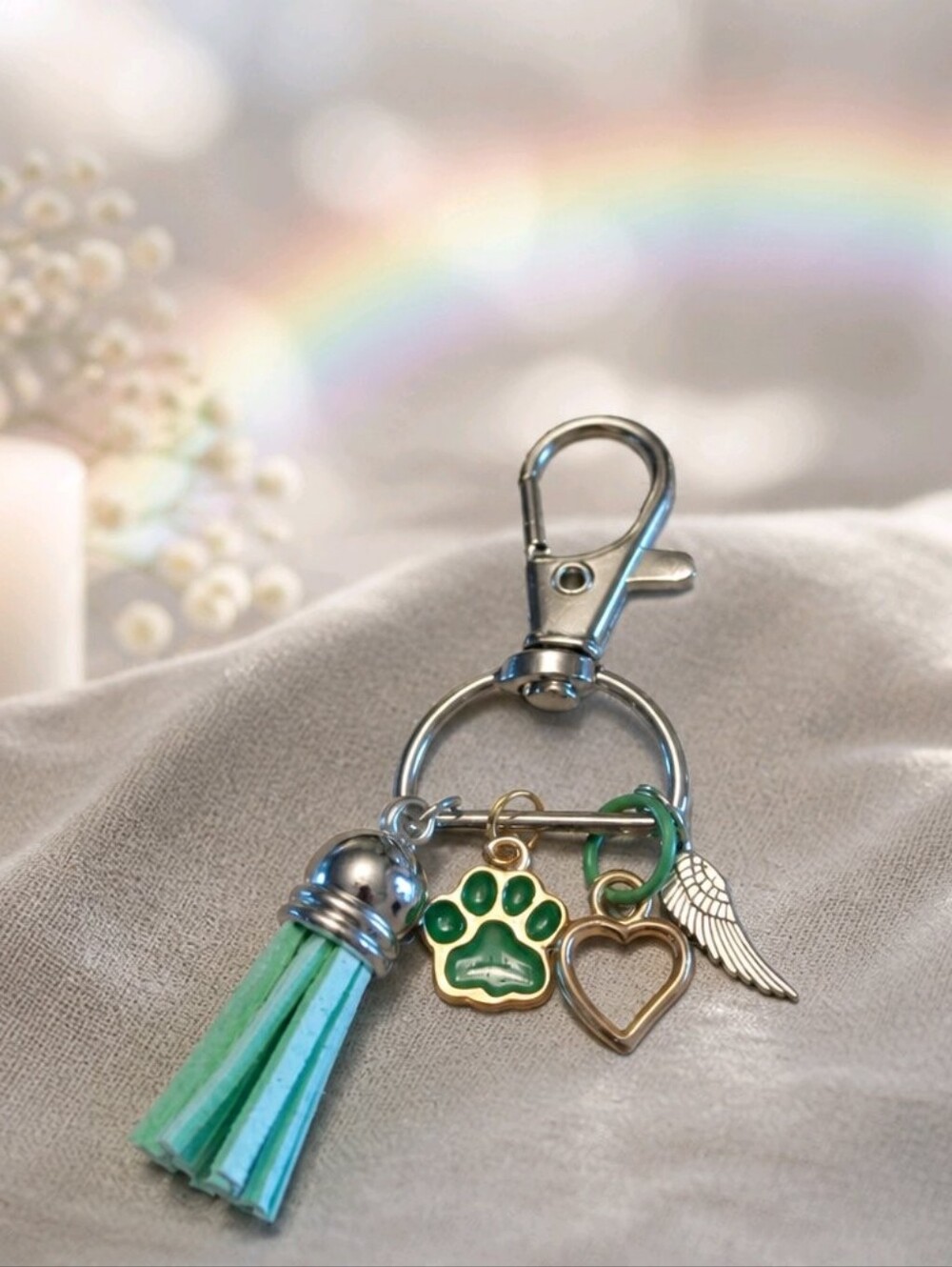 Sympathy Pet Green Paw Heart Wing Bag Zipper Charms Clip Keychain